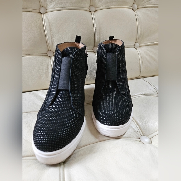 Paolo Shoes - Linea Paolo Black Glitter Leather Wedge Bootie Side Zip-Size 8.5